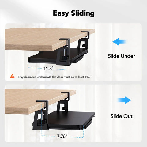 Space-Saving Large Under Desk Keyboard Tray With Sturdy C Clamp Mount demonstrating slide under and slide out positions.