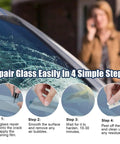 Chip And Crack Windshield Repair Kit With Quick Fix Resin for Chips And Cracks shown in 4-step repair process diagram
