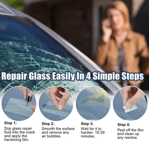 Chip And Crack Windshield Repair Kit With Quick Fix Resin for Chips And Cracks shown in 4-step repair process diagram