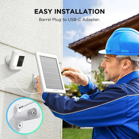 Worker installing 2 Pack Solar Panel Charger For Battery Cameras, IP68 Waterproof, 13ft Cable With USB-C Adapter on wall