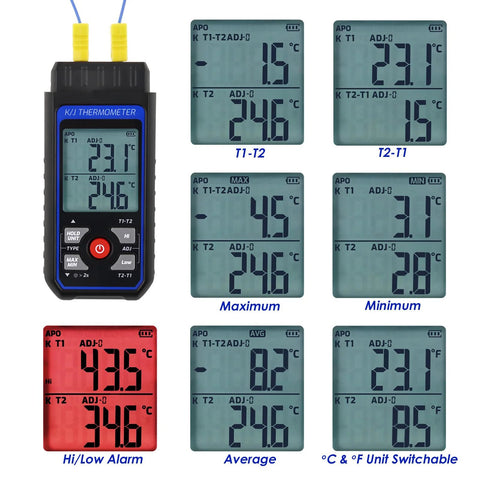 Front view of handheld dual-channel K/J thermometer with four K-type probes and backlit LCD