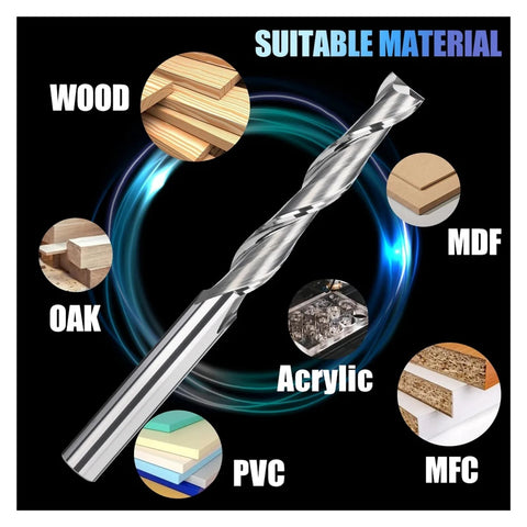 Carbide end milling cutter with 1/8 in shank, 10x2 flute, vertical spiral for wood, PVC and MDF