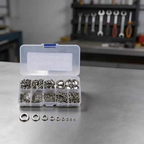 Open Spring Washers And Split Lock Washer Set, 480 Pcs Mechanical Fastener Kit in plastic box on workbench