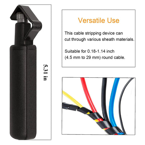 Round Cable Stripper Tool With Adjustable Cutting Depth And 90 Degree Blade next to colorful wires and product dimensions.