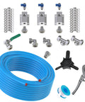 Three Quarter Inch Compressed Air Piping System With 100 Ft HDPE Aluminum Hose And Aluminum Outlet Blocks, tools, and fittings