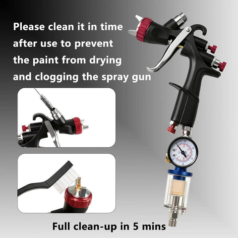 Pro Grade LVLP Spray Gun With Easy Swap 1.3 1.5 1.7 2.0 Mm Tips Plus Ten Disposable Cups Rock Strong Forged Aluminum Body, showing cleaning instructions.