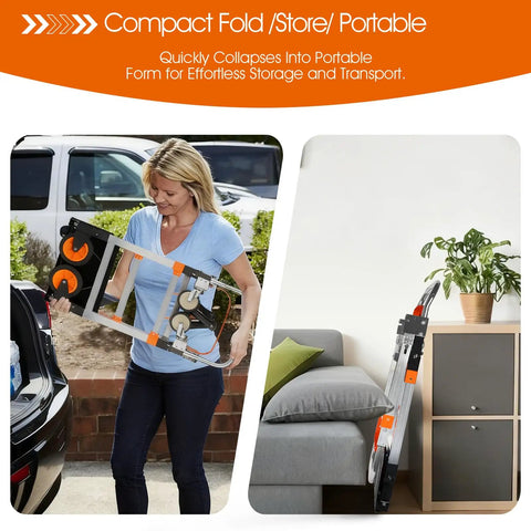 Person holding 3 In 1 Folding Hand Truck Dolly Cart With Wheels Built Tough Heavy Duty Aluminum Collapsible Moving Cart 600 Lbs Capacity Convertible Dolly