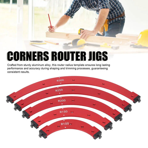Professional Grade Aluminum Alloy Router Radius Template Kit R100 To R300 Precision Corner Jig Set showing four templates in red, used for woodworking.