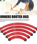 Straight Up Precision Router Radius Template Set For Flawless Internal And Outer Cabinet Edges Legit Aluminum Alloy Corner Jig Zero Headache Woodworking Legend, showing red curved templates with sizes labeled.
