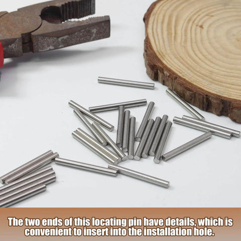 M3 X 30mm Stainless Steel Dowel Pins 50 Pack displayed with pliers and wood slice for furniture fixings