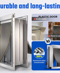 Comparison of plastic door vs. All Aluminum Pet Door For Wall Built Tough With A Heavy Duty Reinforced Frame showing durability features.