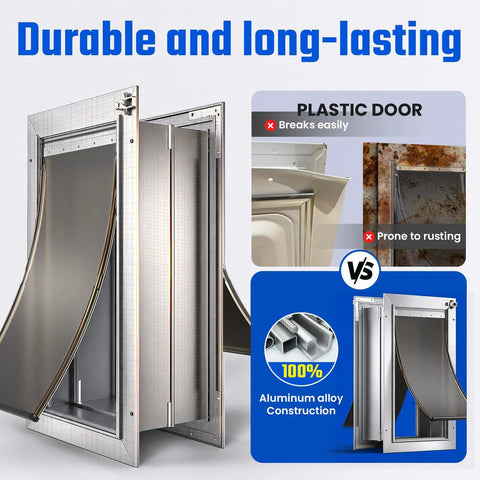 Comparison of plastic door vs. All Aluminum Pet Door For Wall Built Tough With A Heavy Duty Reinforced Frame showing durability features.