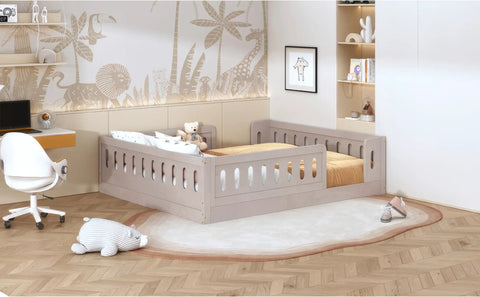 Full Size Wood Bed Frame With Safety Guardrail For Kids in a playful room setting
