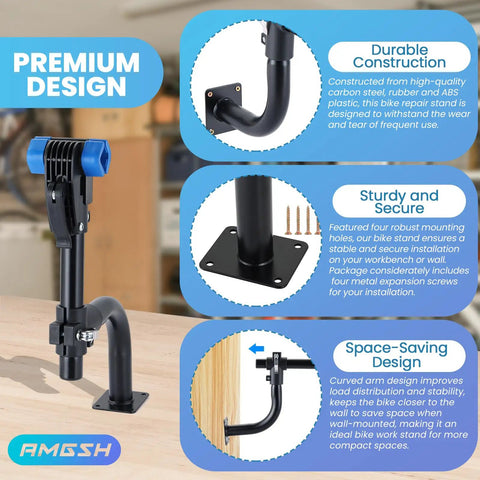 Curved Wall Mount Bike Repair Stand With Adjustable Clamp Space Saving Wall Workbench For Road And Mountain Bikes in workshop