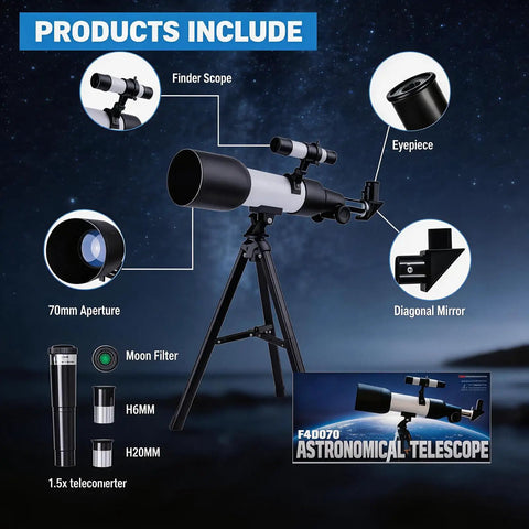 70mm Refractor Telescope For Beginners with 400mm Focal Length, AZ Mount, Tripod, and Phone Adapter components shown