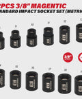 Three Eighths Inch Drive Magnetic Socket Set Twelve Piece Metric Eight Millimeter To Nineteen Millimeter CRMO Impact Sockets.