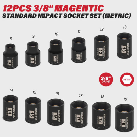 Three Eighths Inch Drive Magnetic Socket Set Twelve Piece Metric Eight Millimeter To Nineteen Millimeter CRMO Impact Sockets.