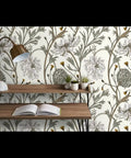 Jumbo Floral Neutral Vinyl Wallpaper With Dope Leather Texture Pattern Type Two Commercial Grade Wallcovering in an office setting.