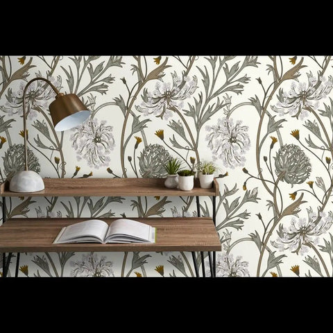 Jumbo Floral Neutral Vinyl Wallpaper With Dope Leather Texture Pattern Type Two Commercial Grade Wallcovering in an office setting.