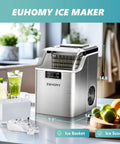 Countertop Ice Cube Maker Machine With 24 Cubes Fast Ice In 13 Minutes, shown with ice basket and scoop, stainless steel.