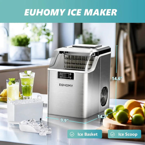 Countertop Ice Cube Maker Machine With 24 Cubes Fast Ice In 13 Minutes, shown with ice basket and scoop, stainless steel.