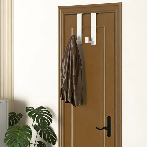 Heavy Duty Over The Door Hooks Set With Soft Sponge Padding Easy Install Door Hanger For Coats And Towels Stainless Steel L Shape 2 Pack White Finish Fits Thick Doors Up To One And Three Quarter Inches No Scratch Protection on wooden door with brown coat