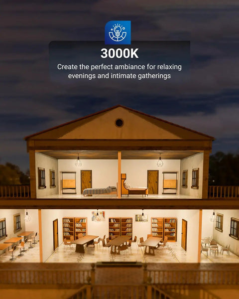 Model house lit with 3000K LED bulbs creating warm ambiance, interior room details visible at night.