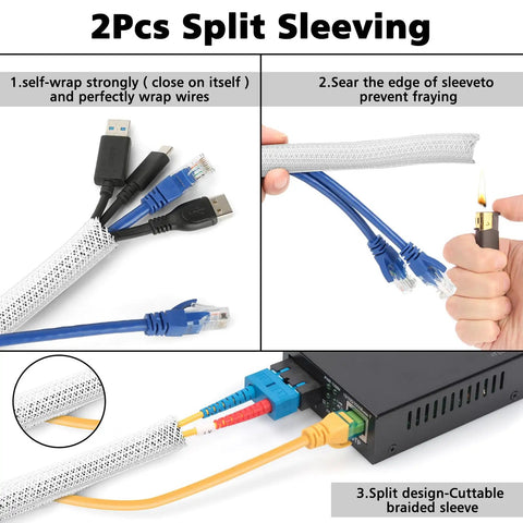 White Cable Management Organizer Kit For Desk TV And PC No More Cord Chaos Under Desk Tidy Your Cords With 2 Sleeve Protectors