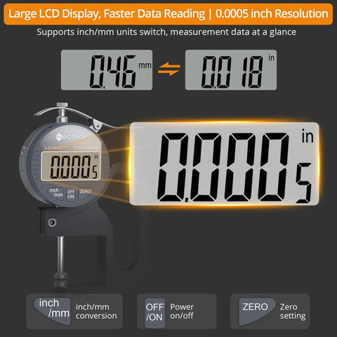 Digital Thickness Gauge With 1 Inch Range, 0.0005 Inch Resolution, 0.01 mm Accuracy, Ultra Fast Response For Wood Metal Plastic, Bang-On Readings For Pros And DIY Makers, No Guesswork. LCD display with inch/mm switch and zero button.