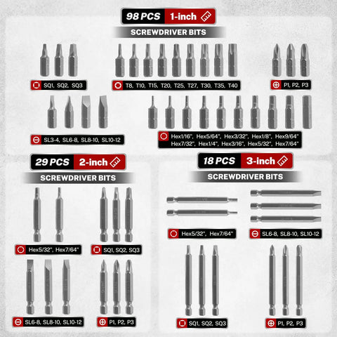 Various sizes of bits from the 208 Piece Master Screwdriver Bit Set With Phillips Slotted Torx Square And Hex Bits Nut Drivers.