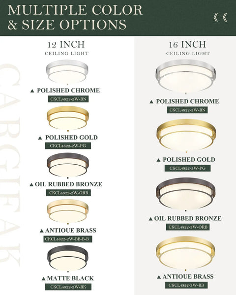Comparison of 12 Inch and 16 Inch Flush Mount Ceiling Light options in polished chrome, polished gold, oil rubbed bronze, and antique brass.