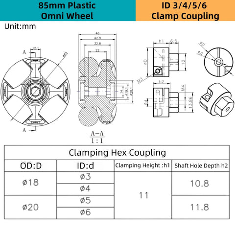 85mm plastic omni wheel with rubber tire and 5mm coupling for robot wheels; technical blueprint with dimensions