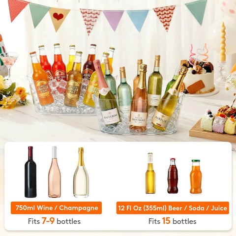 Massive 11.5L Ice Bucket Duo For Parties, Dual Pack Drink Cooler Tub For Champagne, Wine And Beer on table with beverages