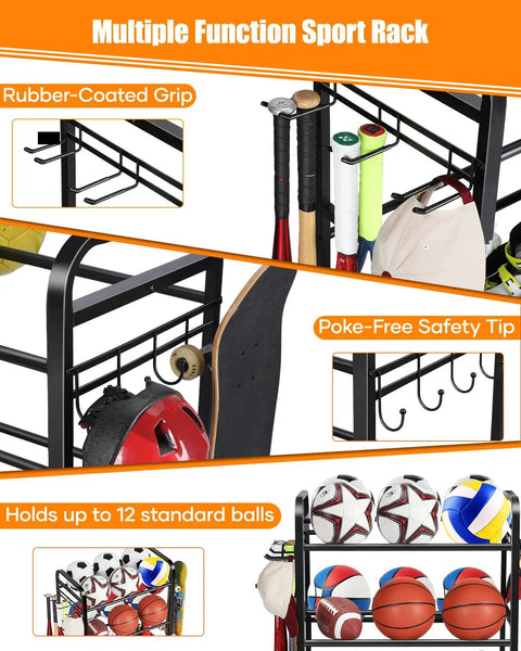 Rolling Ball Storage Cart And Sports Gear Organizer for garage with hooks and panels holding balls and helmets