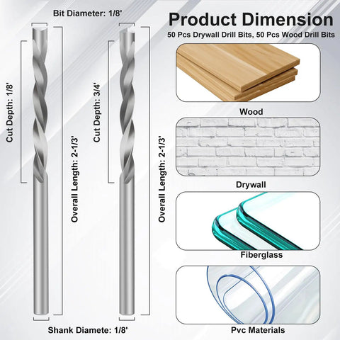 Heavy Duty Drill Bit Set For Drywall And Wood M2 High Speed Steel Guide Point Bits diagram with dimensions and materials