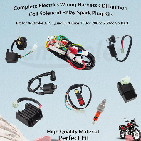 All In One Atv Wiring Harness Kit With Cdi Ignition Coil Solenoid Relay And Spark Plug Set for Chinese quad go-kart and dirt bike.