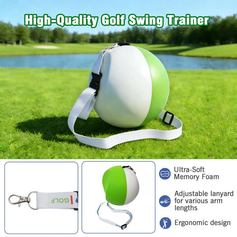Golf Swing Trainer Ball For Solid Forearm Connection And Clean Impact Position with lanyard and memory foam on grass