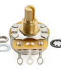 Close-up of a 450G Brass Short Split Shaft Potentiometers Set Of 4 with B250K value for electric guitars and basses.