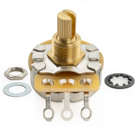Close-up of a 450G Brass Short Split Shaft Potentiometers Set Of 4 with B250K value for electric guitars and basses.