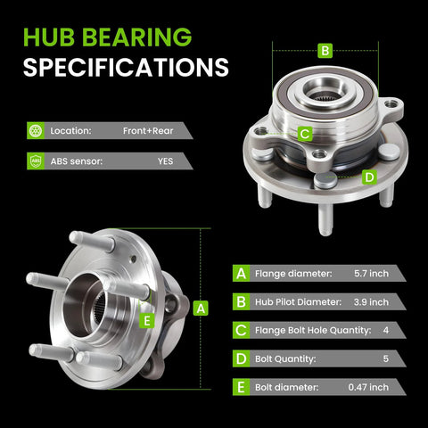 Front And Rear Wheel Hub And Bearing Assembly Two Piece Kit With 5 Lug ABS Sensor Direct Replacement For 2011 To 2019 Explorer And 2013 To 2018 Police Interceptor Utility, showing specifications.