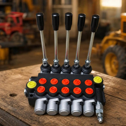 Heavy Duty Manual Hydraulic Directional Control Valve Block Featuring A Rock Solid Cast Iron Housing And Comfortable Lever Actuator For Tractor And Workshop Equipment That Handles Flow Like A Champ Built For The Long Haul on a wooden table.