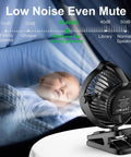 Clip On Fan With 8000mAh USB C Rechargeable Battery, Low Noise Desk Fan near a sleeping baby, demonstrating quiet operation