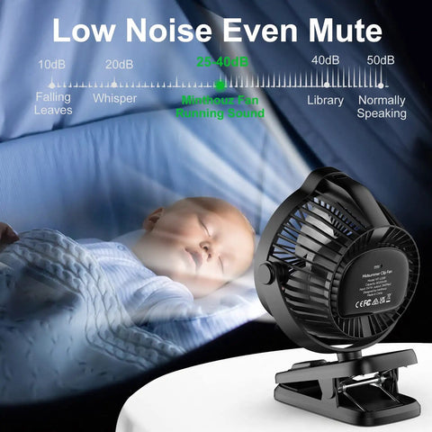 Clip On Fan With 8000mAh USB C Rechargeable Battery, Low Noise Desk Fan near a sleeping baby, demonstrating quiet operation