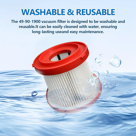 2 Pack 49-90-1900 Wet Dry Vacuum HEPA Filter Replacement showing washable and reusable filter with water drops