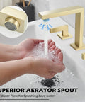 Brushed Gold 3 Hole Two Handle 8 Inch Widespread Bathroom Sink Faucet With Pop Up Drain And Supply Hose Brass Construction Mixer Tap for Vanity Basin Restroom Lavatory showing water flow and aerator spout
