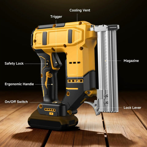 Ultimate 2-In-1 Cordless Brad Nailer And Stapler For Dewalt 20V Max shows ergonomic handle, trigger, and magazine details.