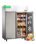 Pro Grade Commercial Reach In Freezer, Stainless Steel Upright Industrial Cooler For Restaurants And Bars with open doors and food inside.