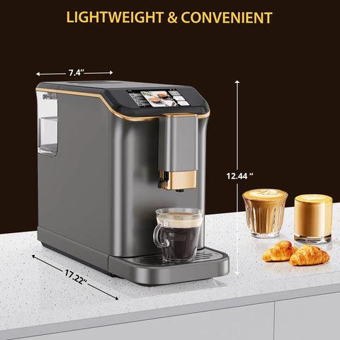 Fully Automatic Espresso Maker With Built In Grinder And Automatic Milk Frother For Killer Cappuccinos And Lattes Featuring Intuitive Touch Display and precise dimensions on counter.