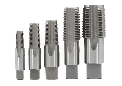 Five metal taps from Six Piece NPT Pipe Tap Set In Wooden Case With High Speed Steel Taps DWT Series Sizes One Eighth To One Inch