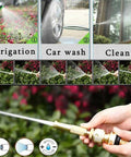 Heavy Duty Stainless Steel Garden Hose Reel With Smooth Hand Crank Rewind Wall Or Floor Mount Stand shown in use for irrigation and cleaning.